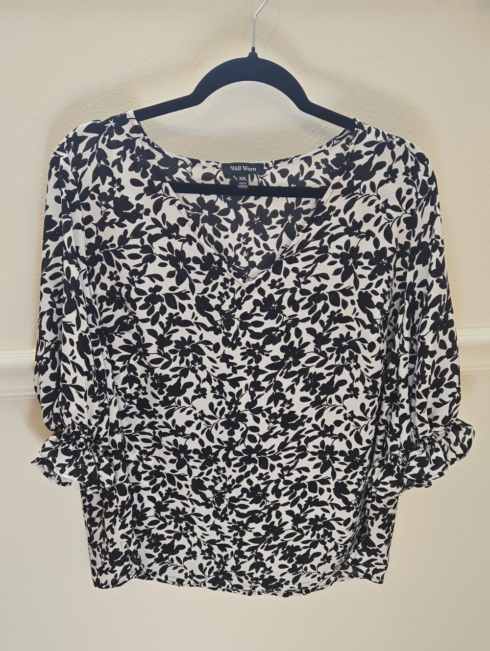 Wallflower Black and White Floral V-Neck Blouse with Ruched Sleeves